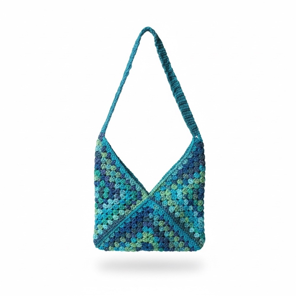 Handmade Crochet Granny Square Shoulder Bag Turquoise Boho Artisan Purse